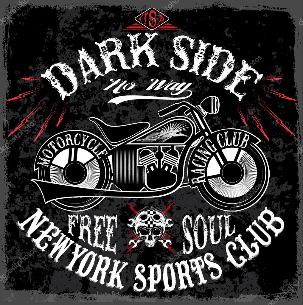 T-shirt print with motorcycle on dark background and grunge texture