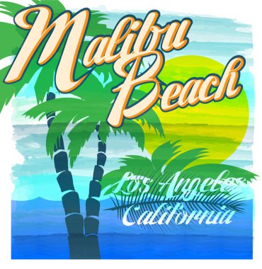Malibu beach tipografi, t-shirt grafik, vektörel çizimler