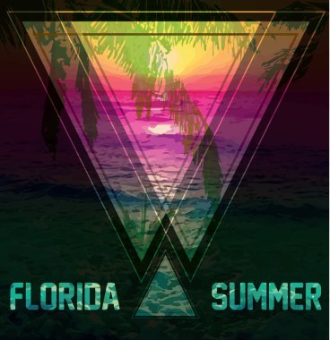 Güzel güneş manzara poster. Palmiye ağacı ile vektör arka plan