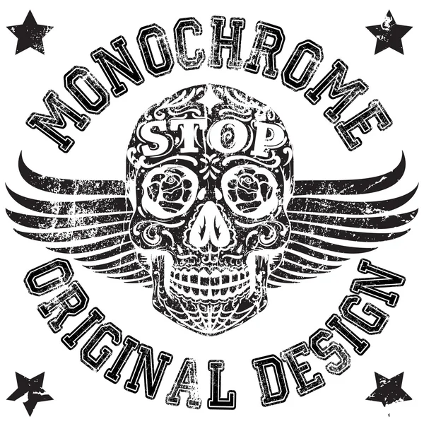 Totenkopf monochrom College Man Junge T-Shirt Design — Stockvektor