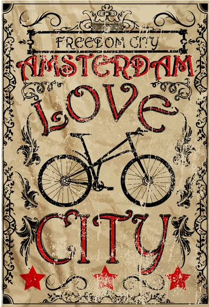 Amsterdam vintage bike uomo grafica vettoriale t shirt design — Vettoriale Stock