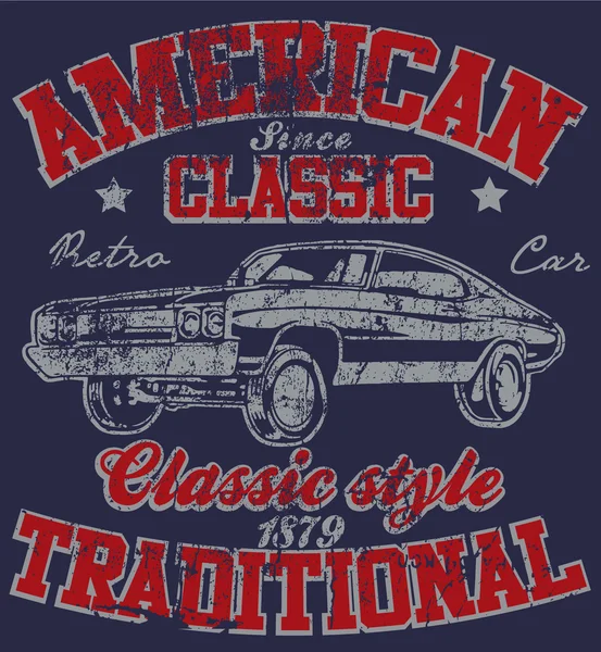 Stary amerykański samochód Vintage Classic Retro człowieka T koszula projekty grafiki wydawniczej — Wektor stockowy