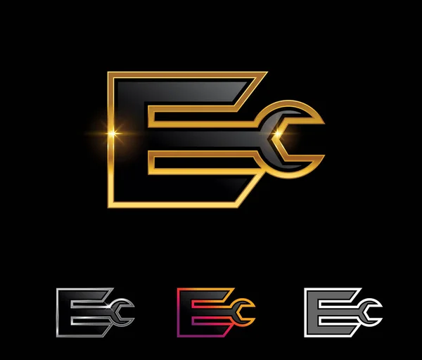 黄金の機械的なモノグラムのロゴの手紙E — ストックベクタ