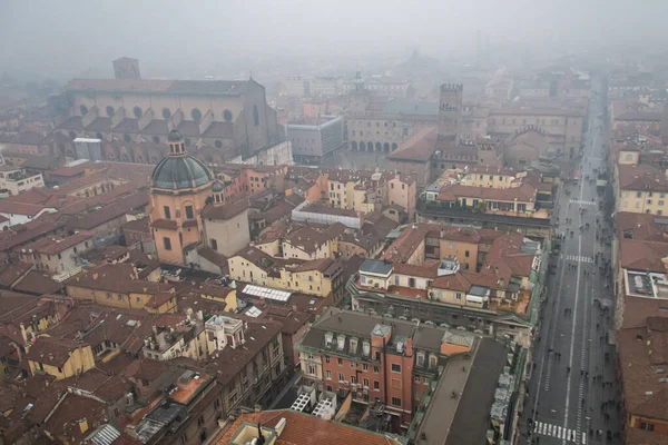 Ocak ayının sisli bir gününde Bologna Katedrali 'nin ve çatısının gökyüzü manzarası