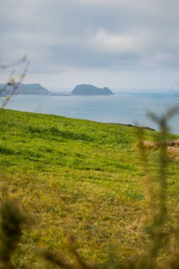 Fare şekilli Getaria kasabası Zarautz 'daki yeşil bir tepeden görüldü.