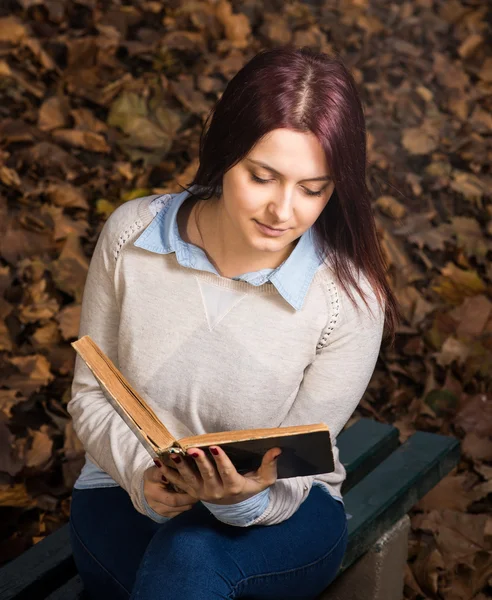 University girl sitting in park and reading a book — Stock Photo, Image