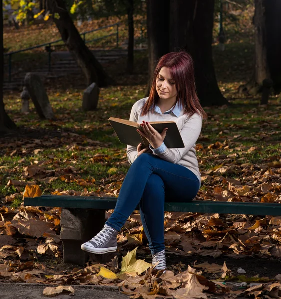 大学女孩坐在公园，读一本书 — 图库照片