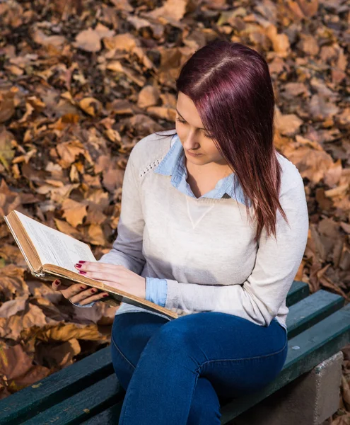 Universitetet flicka sitter i parken och läsa en bok — Stockfoto