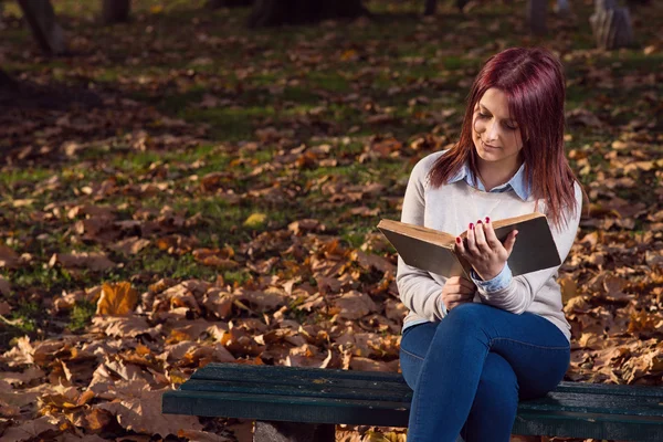 Universitetet flicka sitter i parken och läsa en bok — Stockfoto