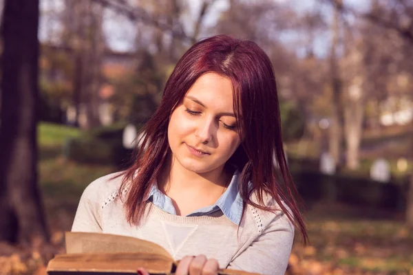 Flickan sitter på bänken i ark och läsa en bok — Stockfoto