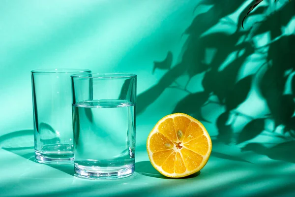 Освежающий стакан воды с лимонами в солнечном свете. Красивая тень листьев — стоковое фото