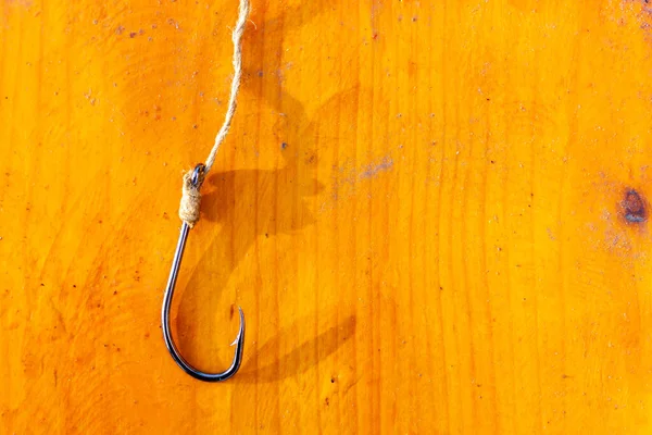 Gancio da pesca su uno sfondo di legno. Posto libero. — Foto Stock