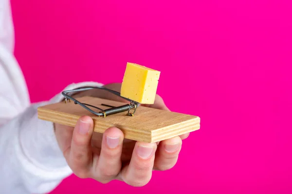 Mousetrap com um pedaço de queijo na mão. Armadilha isca. — Fotografia de Stock