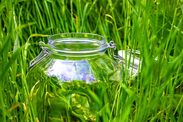 Vaso di vetro vuoto in erba verde. Banca per la conservazione. — Foto Stock