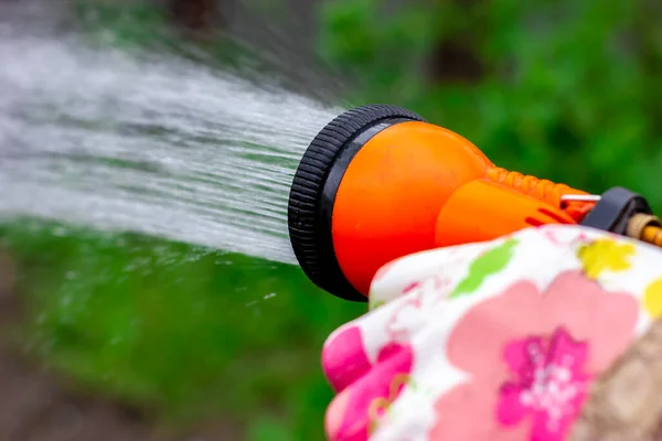 Il processo di irrigazione del giardino. Spray d'acqua da un tubo da giardino. Pistola da giardino in mano. Innaffiare il prato. — Foto Stock