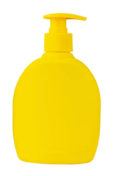 Distribuidor de plástico amarelo sobre um fundo branco. Frasco de sabão isolado sobre fundo branco. Produtos de higiene pessoal. Isolar. — Fotografia de Stock