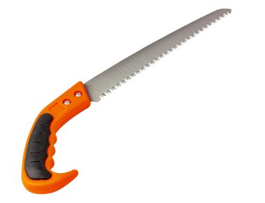 Beyaz bir arka planda bahçe testeresi. Tahta kesmek için demir testeresi. Yüksek açı. Beyazı izole et.