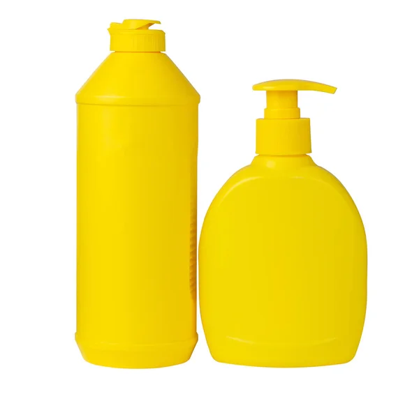 白色背景上的黄色容器。塑料瓶隔离在白色上。配药黄。莫科普. — 图库照片