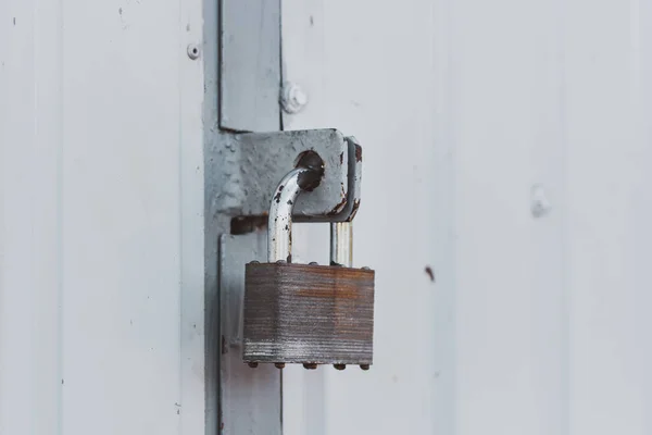 Padlock on an iron gate. Closed doors. Old lock. — Stock Photo, Image