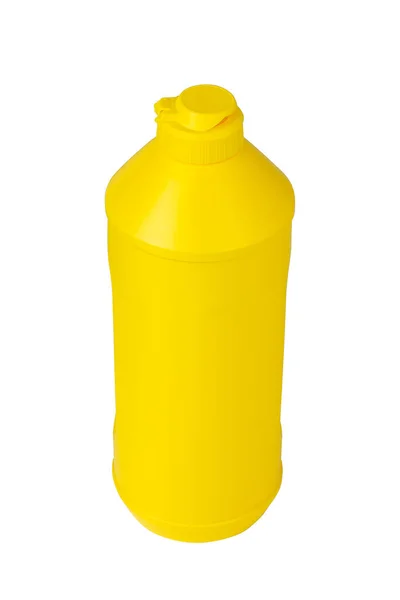 Bouteille en plastique jaune sur fond blanc. Conteneur en plastique. Isoler sur blanc. — Photo