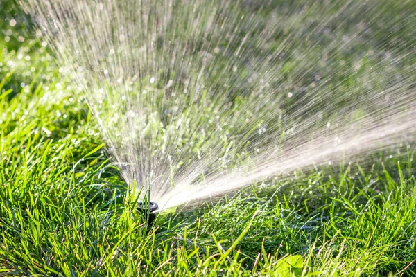 Innaffiatura automatica del prato. Spruzzare acqua sull'erba. Sistemi di irrigazione. Ugello di alimentazione dell'acqua. — Foto Stock