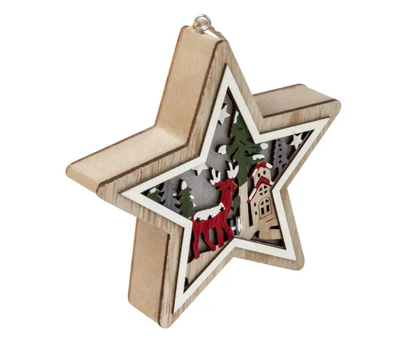 Estrela de Natal feita de madeira. Decoração de Natal. Brinquedo de árvore de Natal brilhante. Isolar em um fundo branco. — Fotografia de Stock