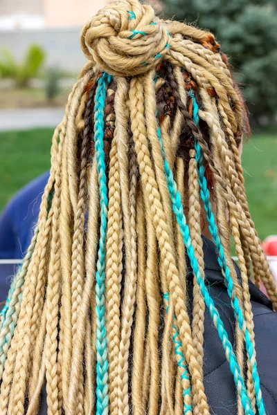 Saç örgüsü örülmüş. Afrika örgüleri. Rasta saç stili. Sarı saç..
