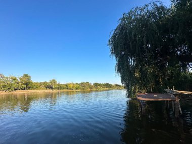 Ağaçlı sakin bir nehir ve berrak mavi bir gökyüzü. Çoklu amaçlar için çok yönlü resim