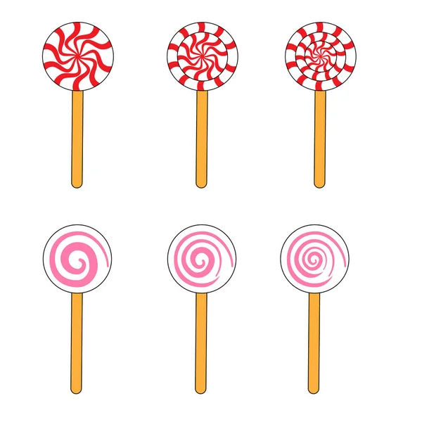Vector Candy Lollipop Set Pink Red Spiral — Stock Vector