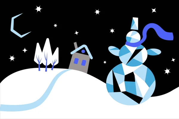 Hombre Nieve Casa Árboles Noche Estrellada Feliz Año Nuevo Diseño — Archivo Imágenes Vectoriales