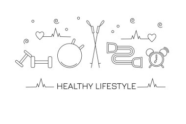 Metinli vektör illüstrasyonu. Sağlıklı bir yaşam tarzı. Çizgi çalışması. Siyah ve beyaz.