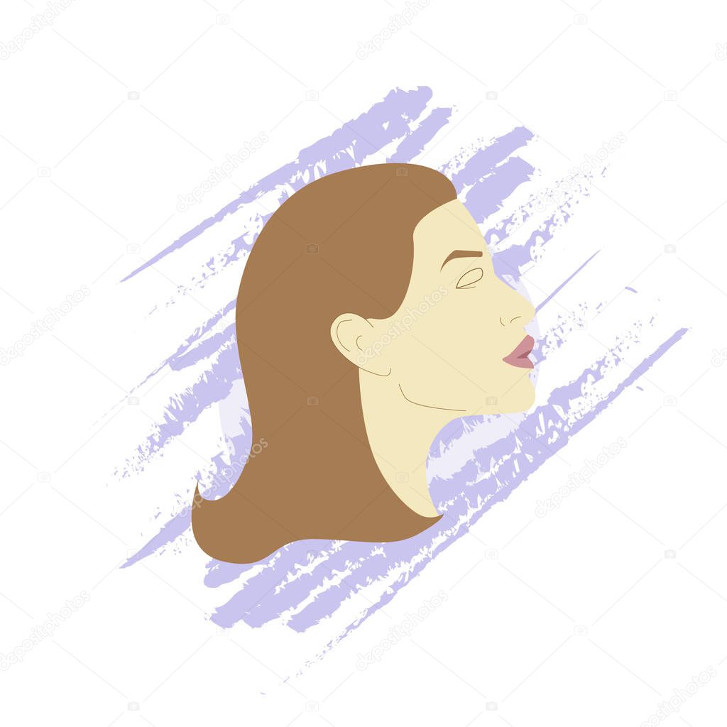 Vector illustration portrait of a young woman in profile. Long hair pale skin. EPS 10. Pale colors. Fahion magazine, label, shop, web and print design.