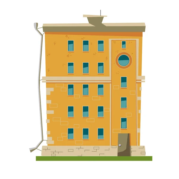Векторная Иллюстрация Многоэтажного Здания Желтого Кирпича Плоском Мультяшном Стиле Белом — стоковый вектор
