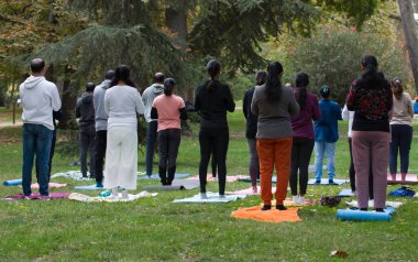 İnsanların solunumuna, meditasyonuna ve yogasına bütünsel egzersiz ya da sağlık rutini için parktaki insanlarla arka planda bakıyorum..