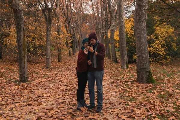 Pareja Caucásicos Hombre Mujer Naturaleza Mirando Móvil Otoño — Foto de Stock