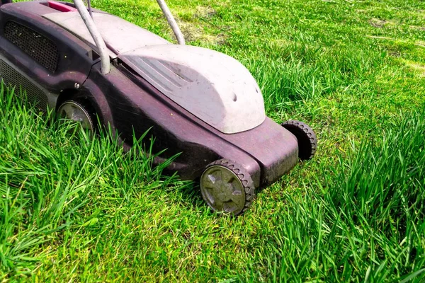 晴れた日に芝生のクローズアップを刈る庭の仕事 — ストック写真