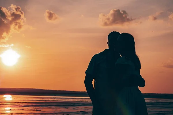 Conception Love Relationships Silhouette Two Lovers Young Girl Man Sunset — Stock Photo, Image