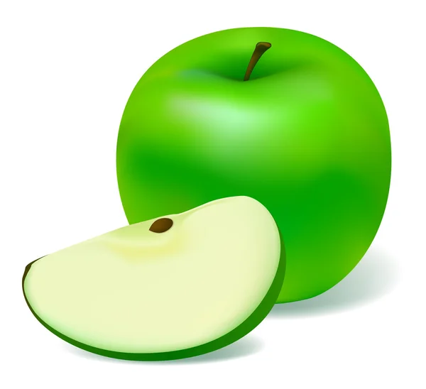 Zielone jabłuszko z plasterkiem cięcia — Wektor stockowy