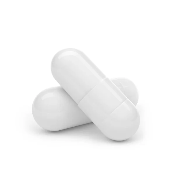 Beyaz arka planda izole edilmiş iki hap. Üç boyutlu illüstrasyon. Tıbbi tema tasarımı projesi için uygun..