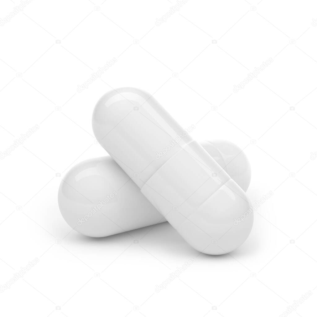 Two pills isolated on white background. 3D illustration. Suitable for a mockup of a medical theme design project.