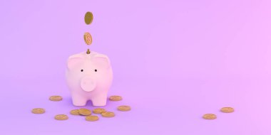 Mor arka planda bozuk paraları olan domuz kumbarası. 3 Boyutlu Hazırlama