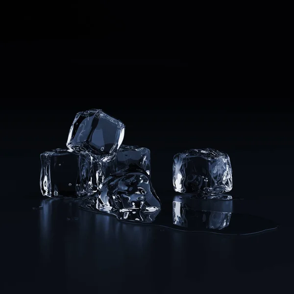 Cubos Hielo Con Gotas Agua Sobre Fondo Negro Render — Foto de Stock