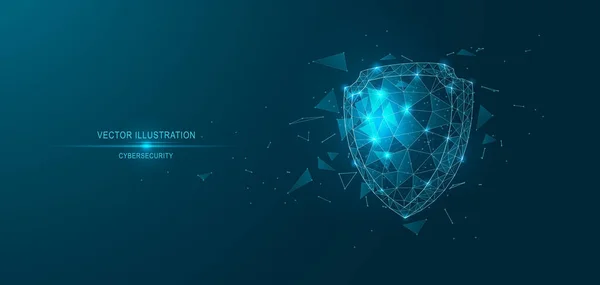 Siber güvenlik kalkanı. Soyut teknolojik altyapı. Birbirine dolanmış çizgilerin ve üçgenlerin düşük polimerli görüntüsü. Vektör illüstrasyonu.