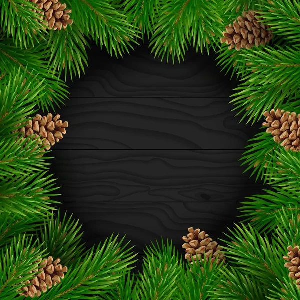 Weihnachtlicher Hintergrund Tannenzweige Mit Zapfen Auf Dunkler Holzstruktur — Stockvektor