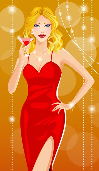Femme sexy avec cocktail lors d'une fête dans une robe rouge — Image vectorielle