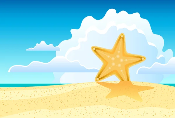 Paisaje marino con estrellas de mar en la playa contra el cielo nublado — Vector de stock