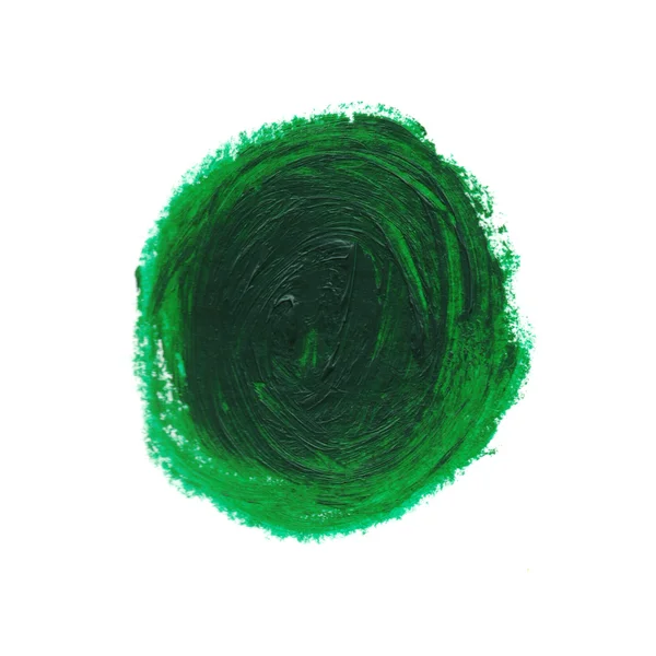 Spruzzata di vernice verde isolata su sfondo bianco. materiale reale. Mani disegnate. forma rotonda — Foto Stock