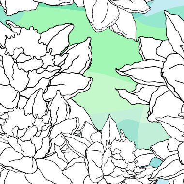 el ile Seamless Modeli nergis çizilmiş. İçin kumaş, tekstil, ambalaj kağıdı, duvar kağıdı. Mavi ve yeşil arka plan