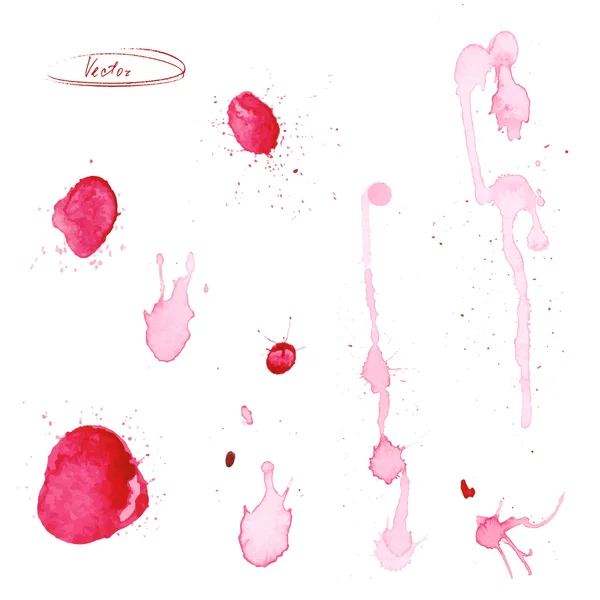 Splatters, spots en plonsen van rode inkt. Vectorillustratie — Stockvector