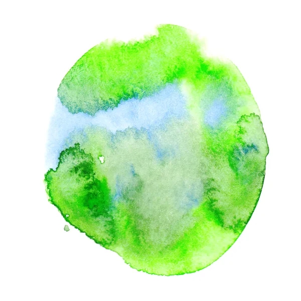 Salpicadura de pintura de acuarela verde y azul aislada sobre un fondo blanco. material real. manos dibujadas. forma redonda — Foto de Stock